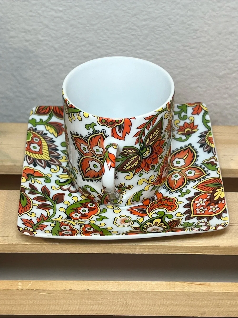 ☀️2/$20 Brightly Colored Floral Demitasse Espresso Cup & Square Saucer Set | EUC